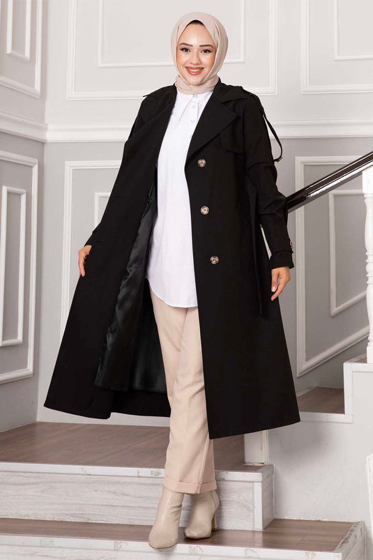 Allerli Button Detail Trench Coat Black