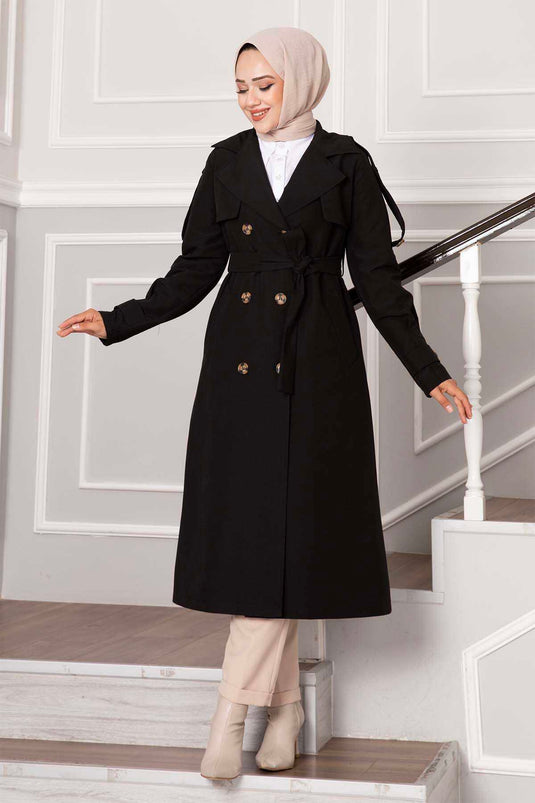 Allerli Button Detail Trench Coat Black