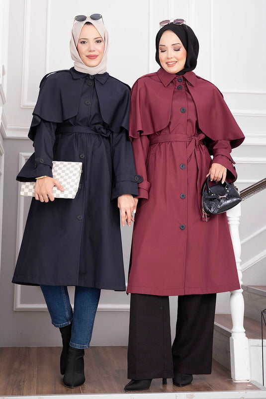 Cappotto Lungo Trench Con Cintura Blu Navy