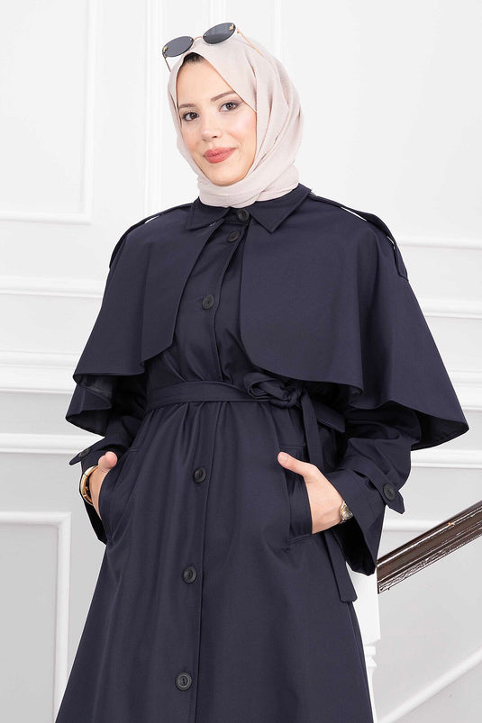 Cappotto Lungo Trench Con Cintura Blu Navy