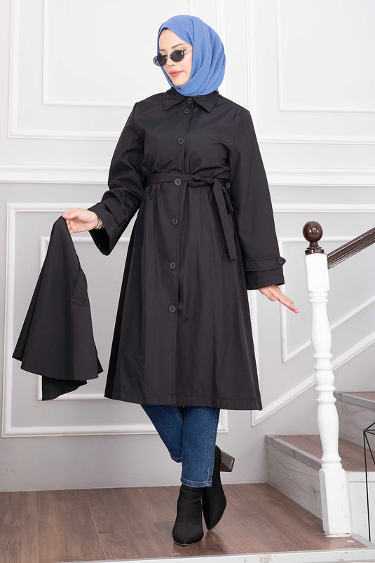 Langer Gürtel-Trenchcoat In Schwarz