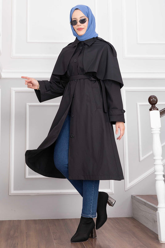 Langer Gürtel-Trenchcoat In Schwarz