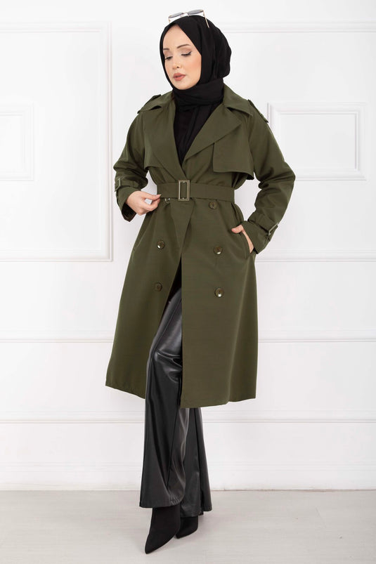 Allerli Seyyar Kuşaklı Premium Trençkot Haki