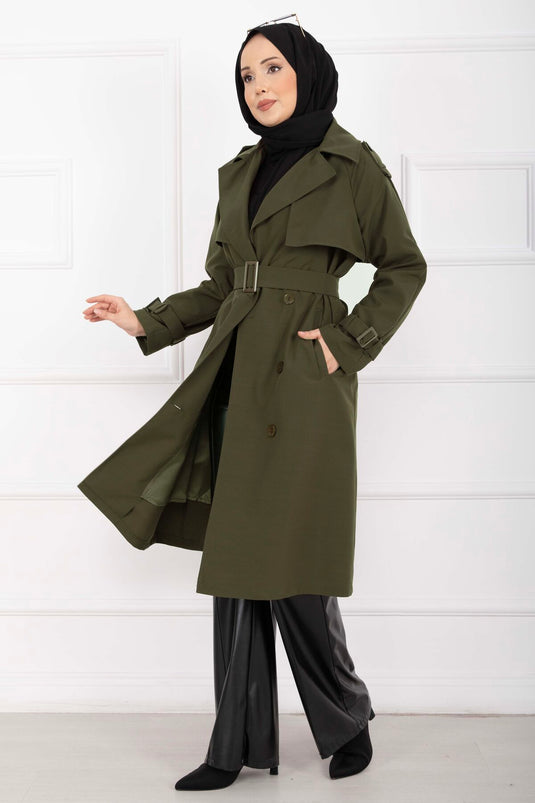 Allerli Seyyar Kuşaklı Premium Trençkot Haki