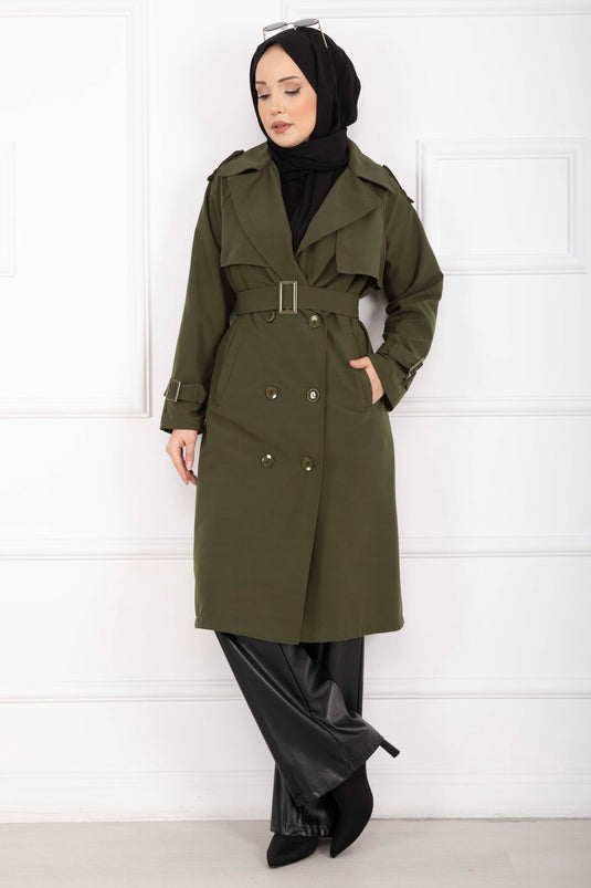 Allerli Seyyar Kuşaklı Premium Trençkot Haki