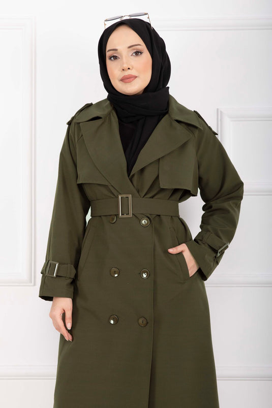 Allerli Seyyar Kuşaklı Premium Trençkot Haki