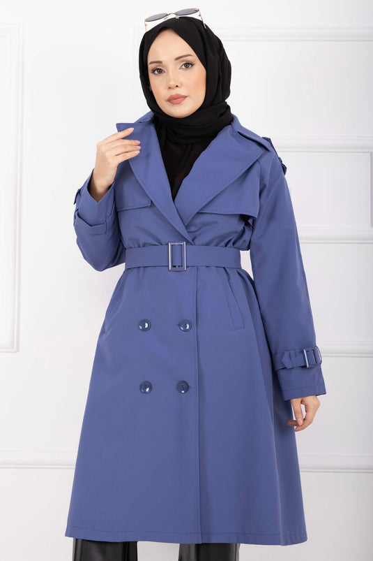 Allerli Seyyar Kuşaklı Premium Trençkot İndigo