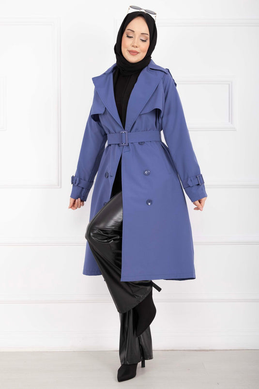 Allerli Seyyar Kuşaklı Premium Trençkot İndigo