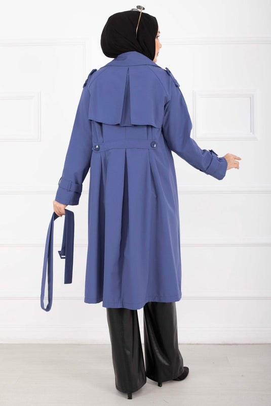 Allerli Seyyar Kuşaklı Premium Trençkot İndigo