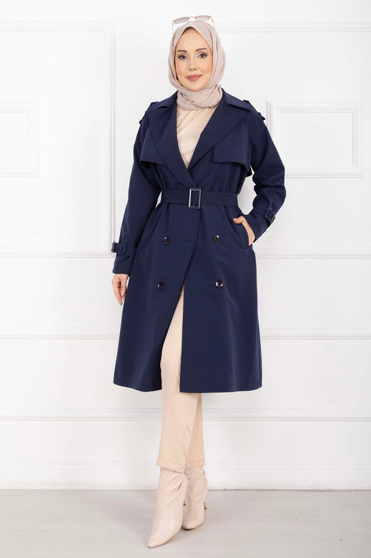 Allerli Seyyar Kuşaklı Premium Trençkot Lacivert