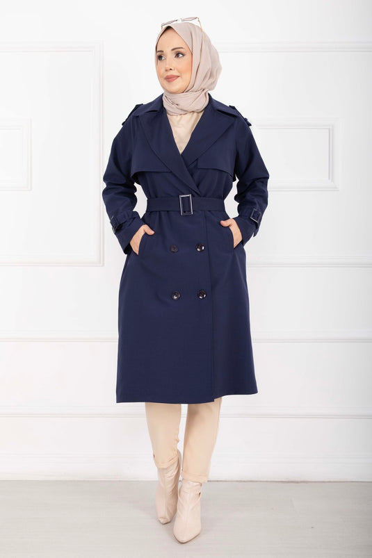 Allerli Seyyar Kuşaklı Premium Trençkot Lacivert