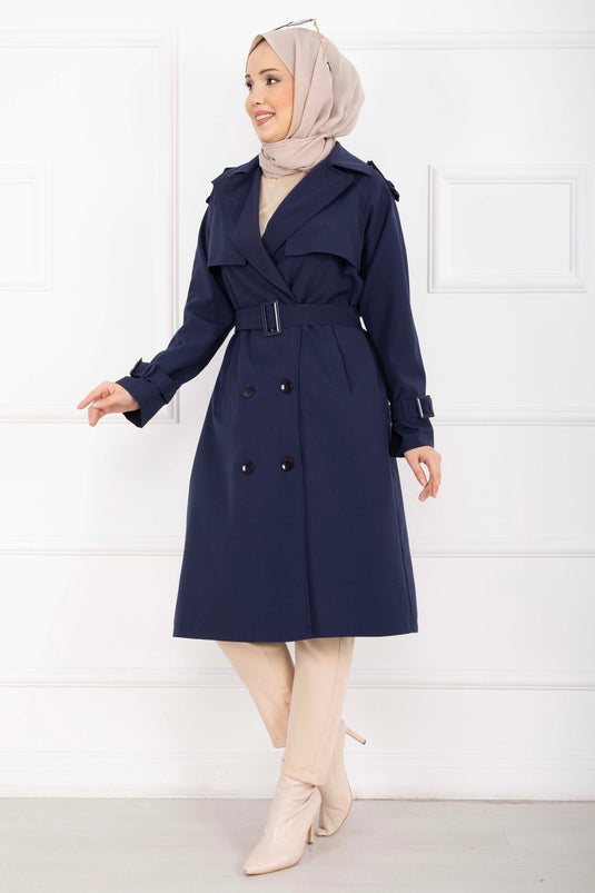 Allerli Seyyar Kuşaklı Premium Trençkot Lacivert