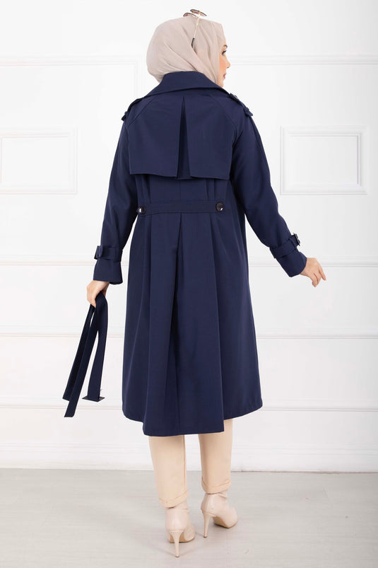 Allerli Seyyar Kuşaklı Premium Trençkot Lacivert