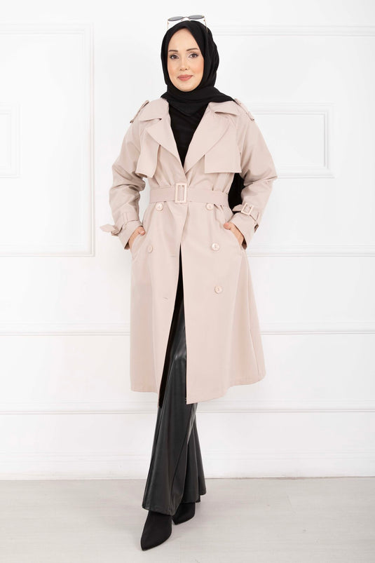 Allerli Seyyar Kuşaklı Premium Trençkot Taş