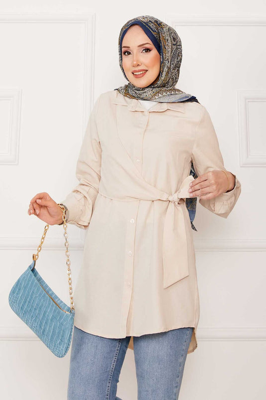 Allerli Yandan Bağlamalı Tesettür Gömlek Bej