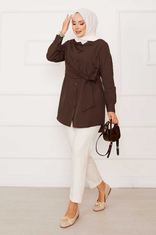 Allerli Yandan Bağlamalı Tesettür Gömlek Kahve