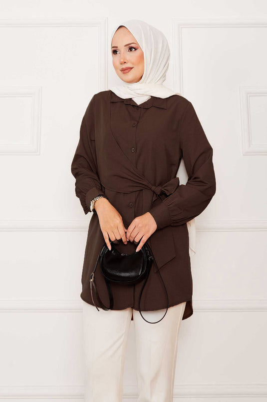 Allerli Yandan Bağlamalı Tesettür Gömlek Kahve