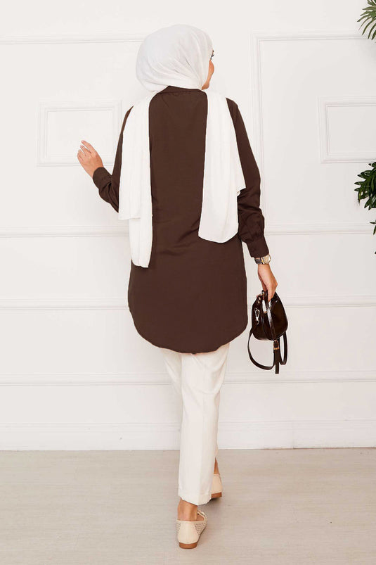 Allerli Yandan Bağlamalı Tesettür Gömlek Kahve