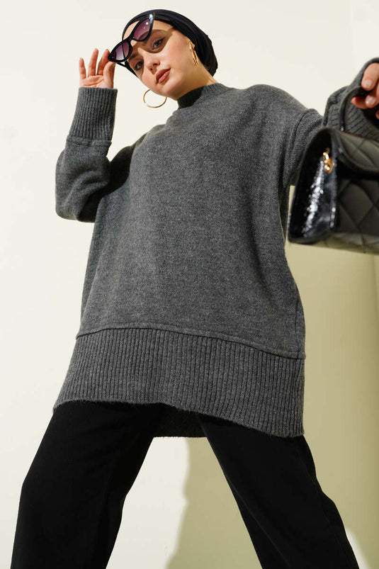 Alt Dikişli Yumoş Triko Tunik Füme