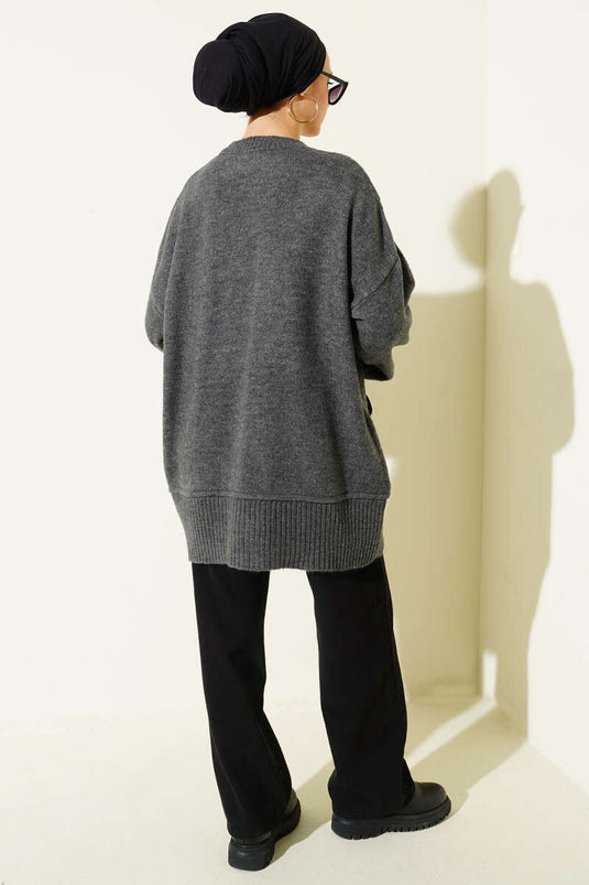 Alt Dikişli Yumoş Triko Tunik Füme