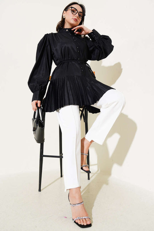 Ruffled Tie Waist Shirt Black