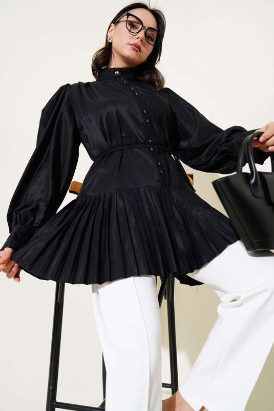 Ruffled Tie Waist Shirt Black