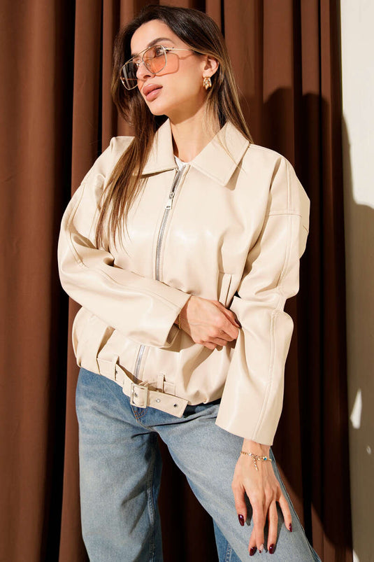 Alt Kemer Tokalı Fermuarlı Deri Ceket Bej