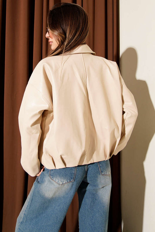 Alt Kemer Tokalı Fermuarlı Deri Ceket Bej