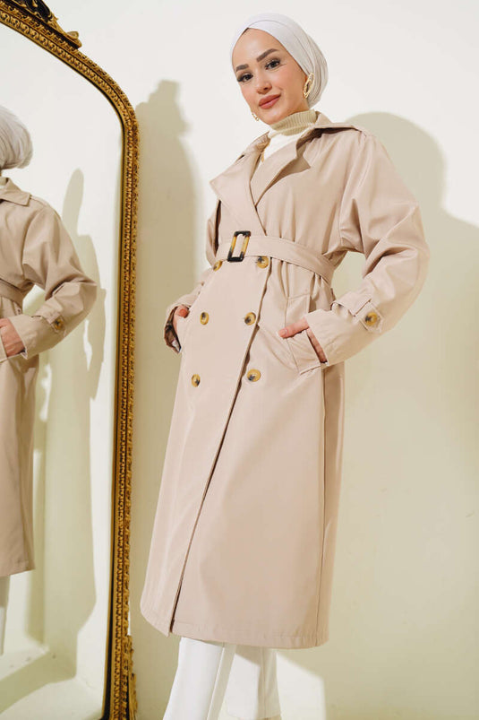 Six-Button Belted Trench Coat Beige