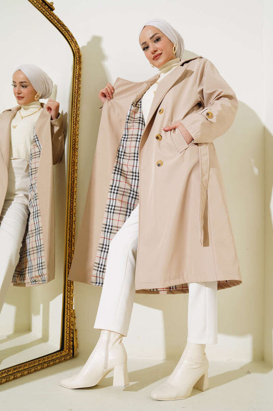 Six-Button Belted Trench Coat Beige