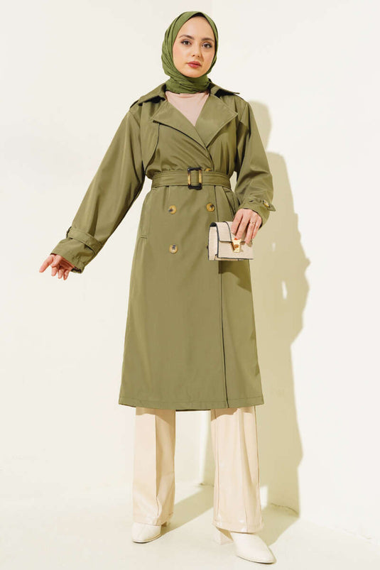 Six-Button Belted Trench Coat Khaki