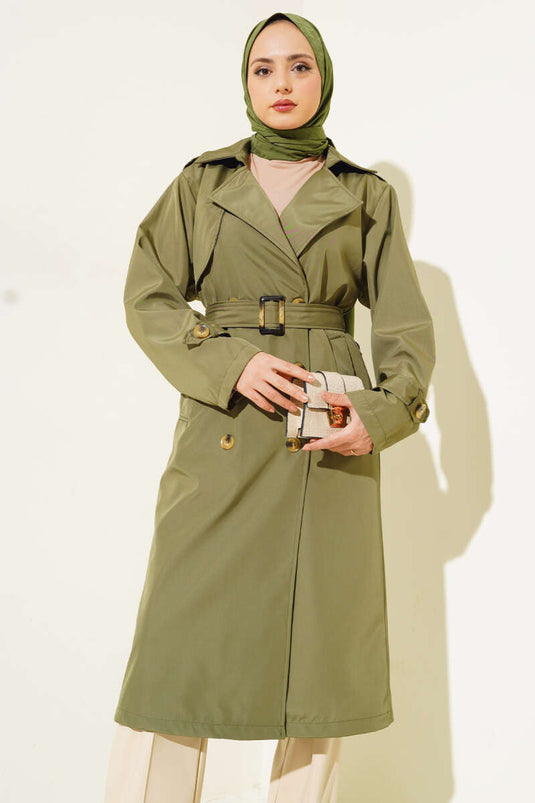 Six-Button Belted Trench Coat Khaki