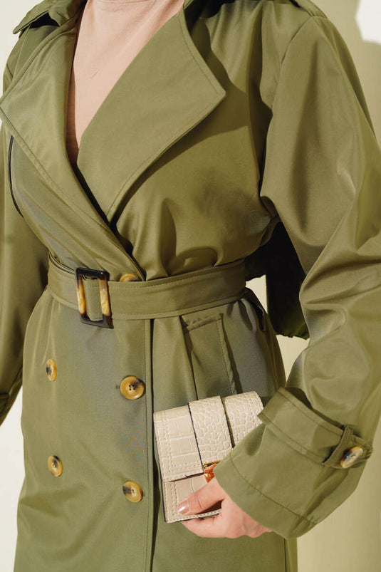 Six-Button Belted Trench Coat Khaki