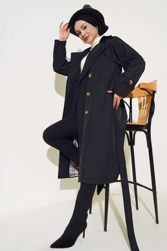 Six-Button Belted Trench Coat Black