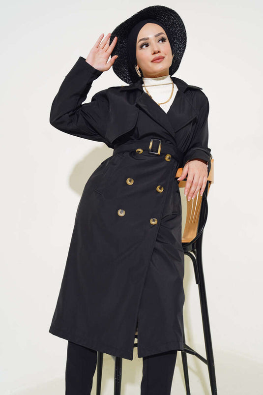 Six-Button Belted Trench Coat Black