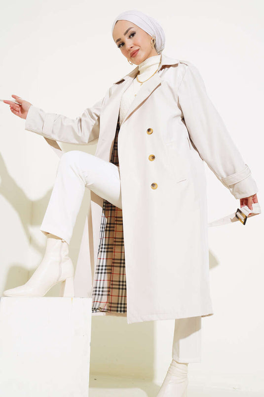 Six-Button Belted Trench Coat Stone