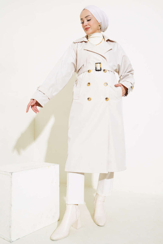 Six-Button Belted Trench Coat Stone