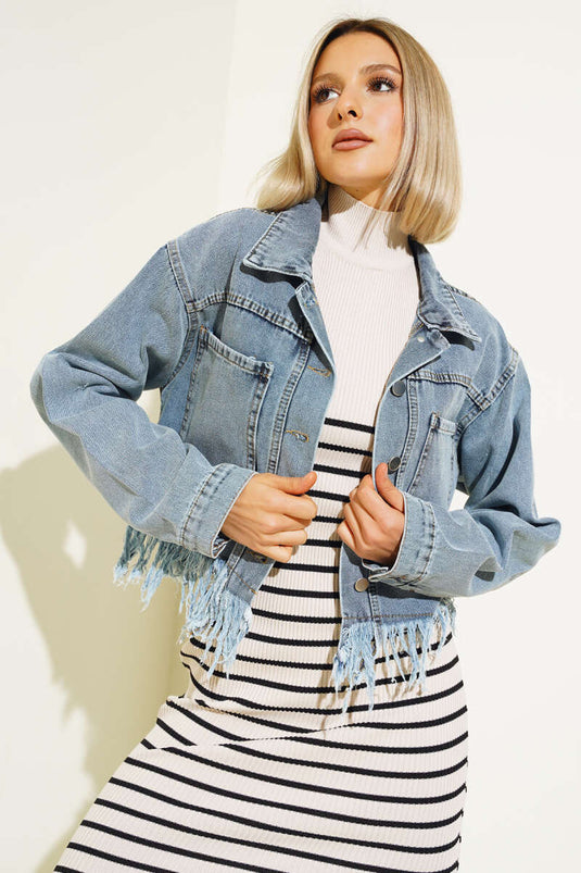 Altı Püsküllü Kısa Kot Ceket Mavi