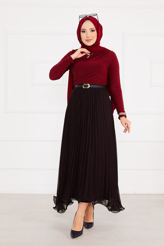 Altı Volanlı Piliseli Tesettür Etek Kahve