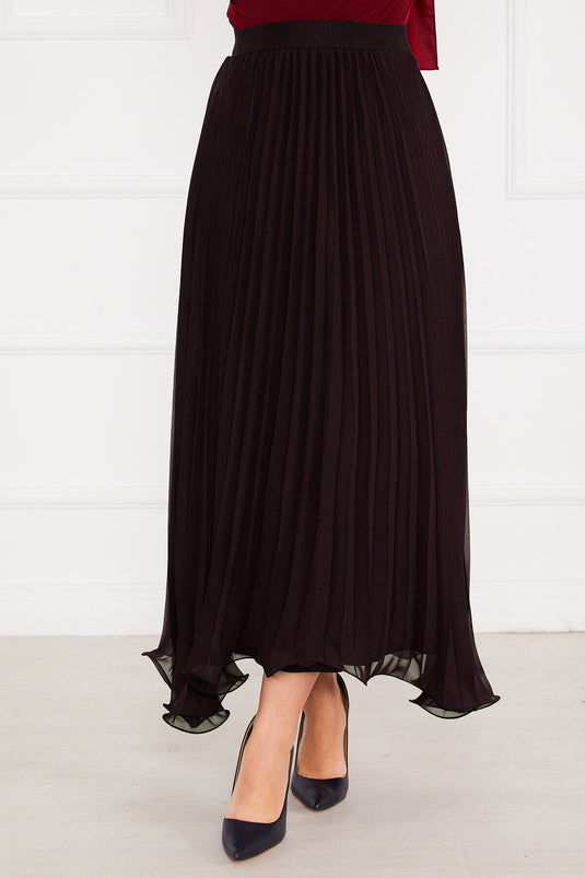 Altı Volanlı Piliseli Tesettür Etek Kahve