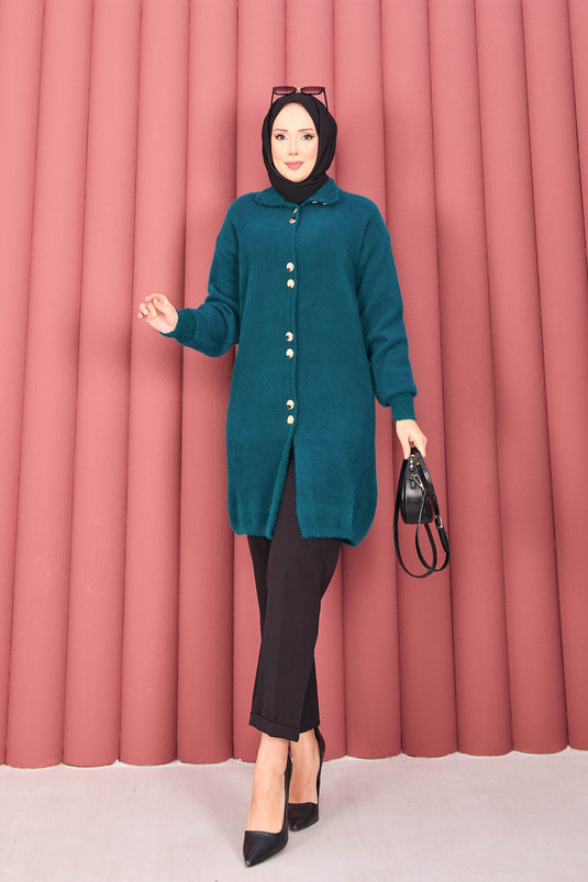 Gilet en angora avec hijab et boutons dorés, couleur pétrole