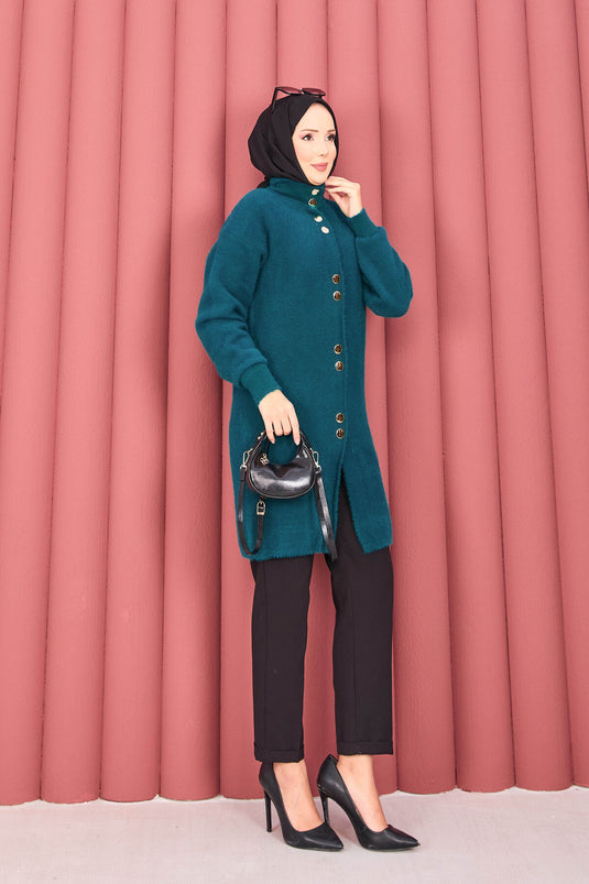 Gilet en angora avec hijab et boutons dorés, couleur pétrole