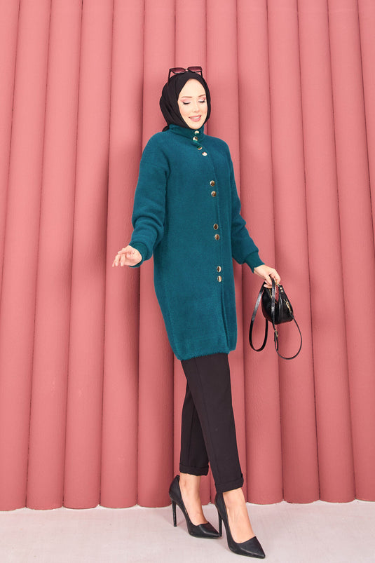 Gilet en angora avec hijab et boutons dorés, couleur pétrole