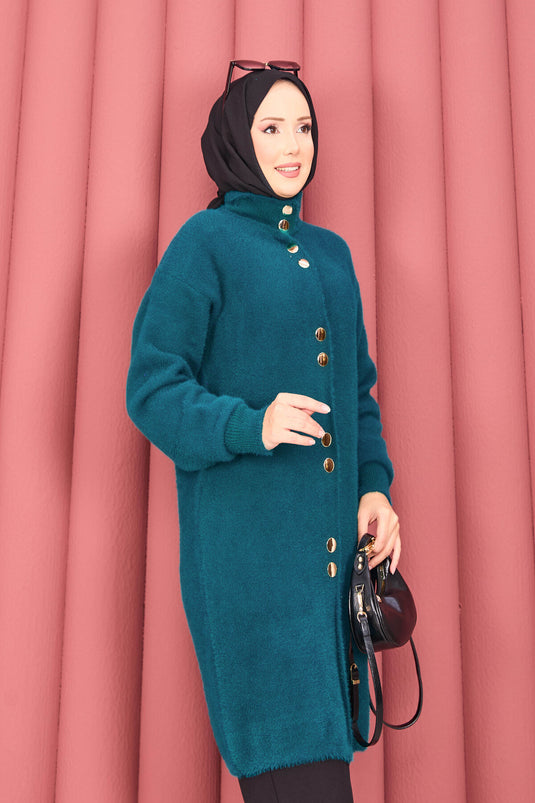Gilet en angora avec hijab et boutons dorés, couleur pétrole
