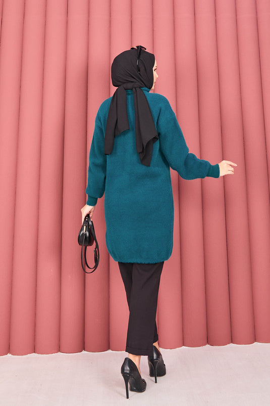 Gilet en angora avec hijab et boutons dorés, couleur pétrole