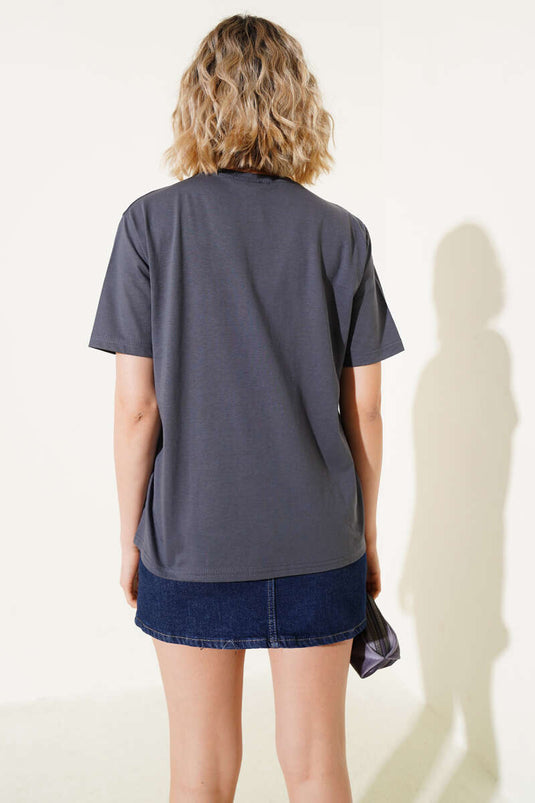 Amore Taş Yazılı T-shirt Füme