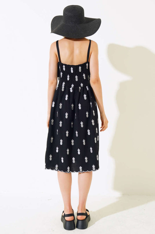 Ananas Nakışlı Askılı Elbise Siyah