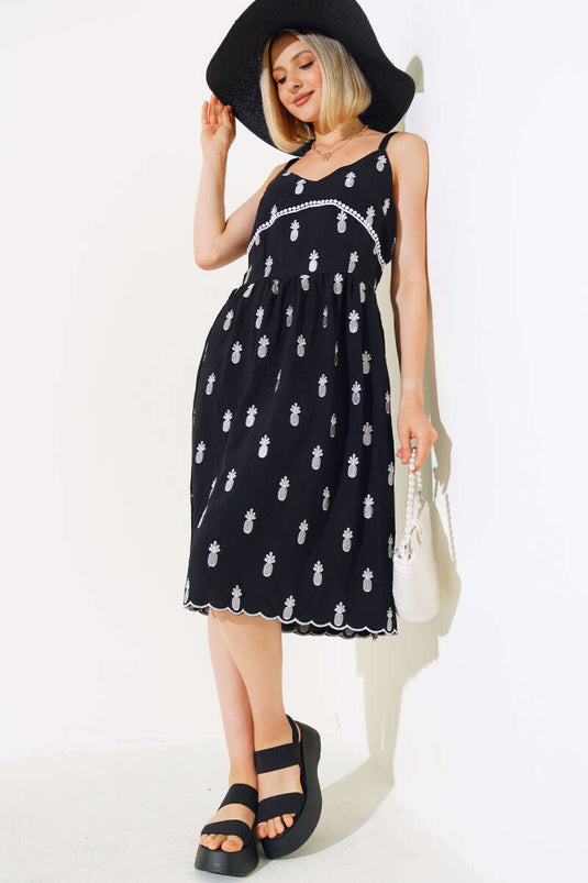 Ananas Nakışlı Askılı Elbise Siyah