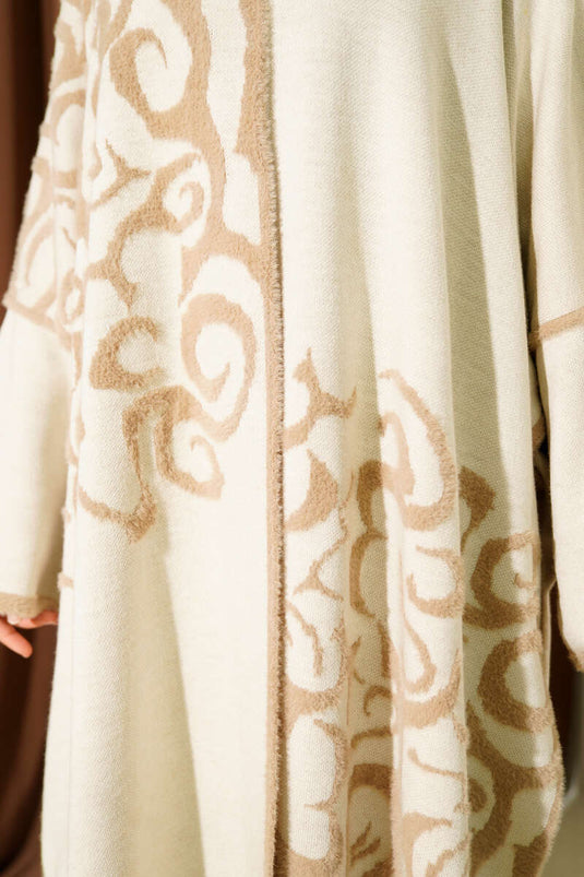 Angora Detailed Buttoned Collar Poncho Beige