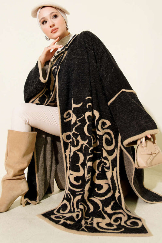 Angora Detailed Collar Button Poncho Black